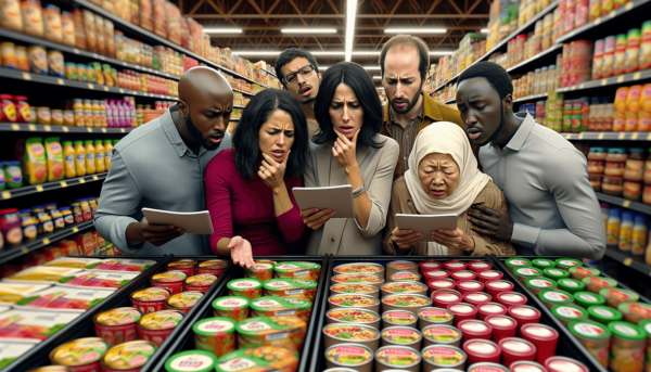 Egy élelmiszerbolt polcát színes, vonzó csomagolású élelmiszerek töltik ki. Elöl egy Közel-Keleti nő, egy Fekete férfi és egy Ázsiai gyermek kíváncsi
