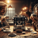 Egy gőzölgő csésze kávé áll egy rusztikus faasztalon, amelyet kávébabok szórva díszítenek, mellette pedig egy elegáns kompakt eszpresszógép található.