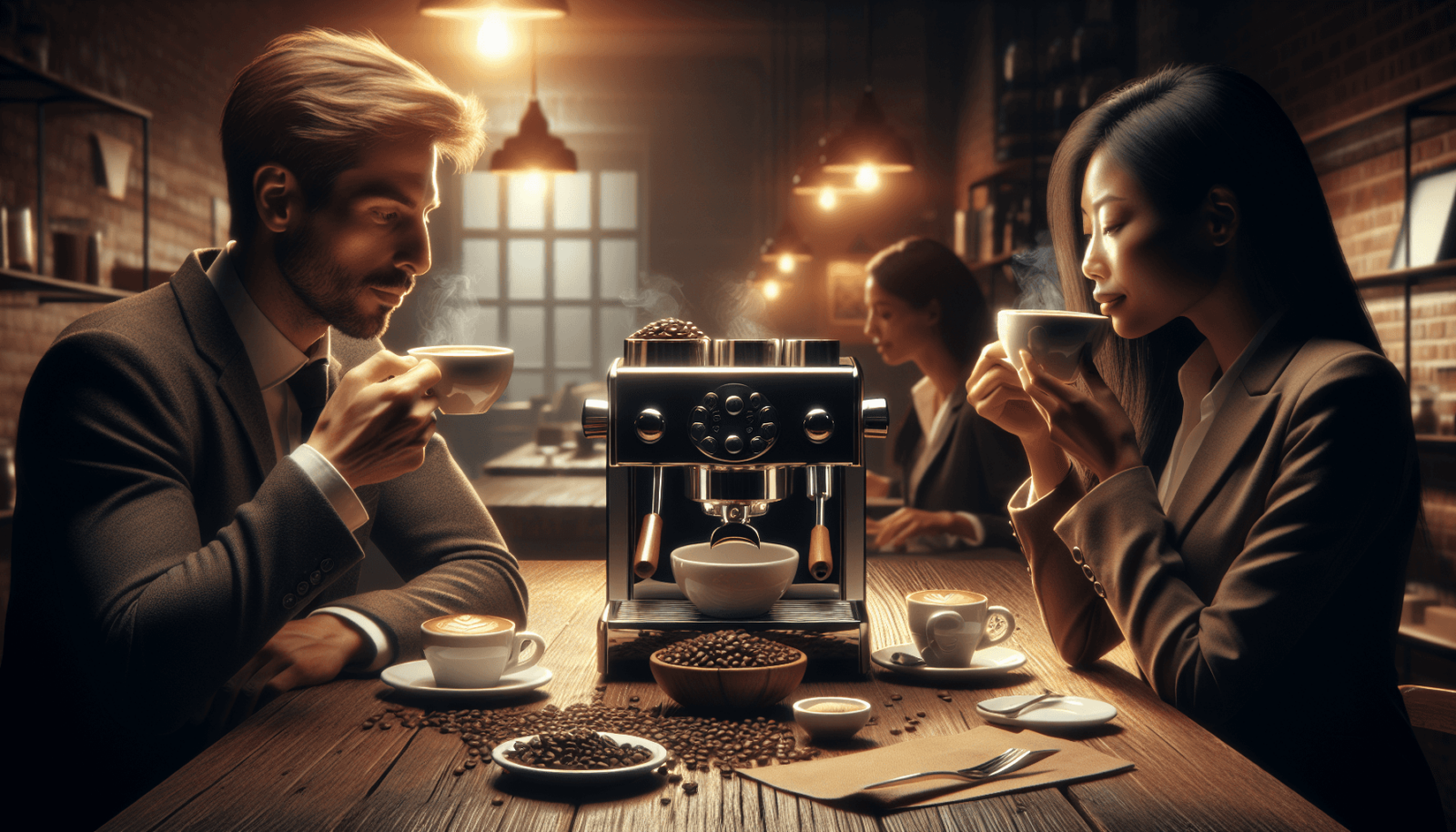 Egy gőzölgő csésze kávé áll egy rusztikus faasztalon, amelyet kávébabok szórva díszítenek, mellette pedig egy elegáns kompakt eszpresszógép található.