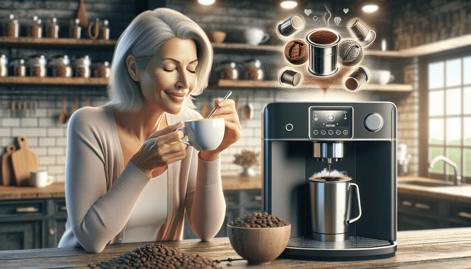 Egy hangulatos, modern konyha, ahol egy középkorú kaukázusi nő élvezi a frissen főzött kávé illatát egy elegáns, high-tech kávégépből. A háttérben kül