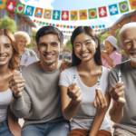 Egy kaukázusi nő, egy ázsiai férfi és egy idős spanyol személy mosolyogva és vidám beszélgetésbe merülve találkozik egy élénk közösségi környezetben.