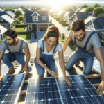 Egy kaukázusi nő, egy spanyol férfi és egy ázsiai férfi együttműködik, hogy napkollektorokat telepítsenek egy lakóház tetejére, ragyogó napsütésben, h