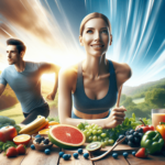 Egy kaukázusi nő és egy ázsiai férfi energikusan részt vesznek a szabadtéri kardió edzésben, buja zöld növényzet és tiszta kék ég veszi őket körül. Mi