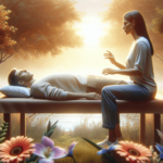 Egy kaukázusi személy kényelmesen fekszik egy puha matracon, szemei mély relaxációban zárva, miközben mellette egy spanyol egyén áll, nyugodt és konce