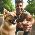 Egy kaukázusi tulajdonos térdel a parkban, mosolyogva simogatja boldog, jól nevelt kutyáját, bemutatva közöttük lévő erős köteléket és bizalmat, miköz