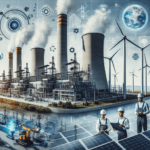 Egy kortárs erőmű jelenet látható, amelyben különböző energiaforrások keverednek, beleértve a fosszilis tüzelőanyagokhoz tartozó kéményeket, a napfény