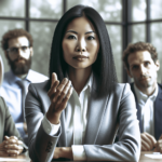 Egy magabiztos ázsiai nő áll a modern irodai megbeszélés élén, határozottságot sugározva, ahogy szenvedélyesen kifejti az ötleteit. Kollégái, egy vegy