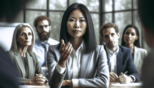 Egy magabiztos ázsiai nő áll a modern irodai megbeszélés élén, határozottságot sugározva, ahogy szenvedélyesen kifejti az ötleteit. Kollégái, egy vegy
