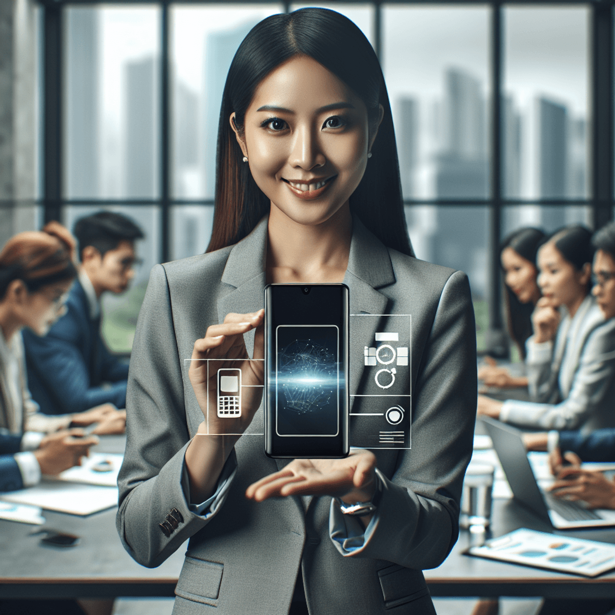 Hogyan Építette Fel a Samsung a Technológiai Birodalmát? Egy magabiztos ázsiai üzletasszony bemutat egy innovatív technológiai eszközt egy modern irodai környezetben. Büszkén tartja a mobiltelefont, amely a mobiltelefonipar áttörő innovációját és prémium minőségét szimbolizálja. Körülötte az iroda pezseg a tevékenységtől; kollégái vagy elmélyülten dolgoznak, vagy izgatottan várják a bemutatóját. A kép középpontjában az üzletasszony, az innovatív mobilkészülék és a modern, dinamikus iroda áll.