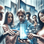 Egy modern érintőképernyős telefon és egy nagy síkképernyős televízió központi helyen van kiállítva, körülöttük pedig egy sokszínű csoport embert láth