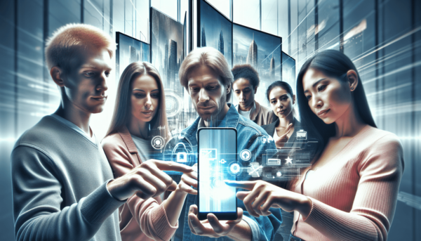 Egy modern érintőképernyős telefon és egy nagy síkképernyős televízió központi helyen van kiállítva, körülöttük pedig egy sokszínű csoport embert láth