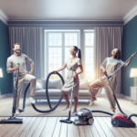 Egy modern és makulátlan nappali, ahol egy kaukázusi férfi, egy latin-amerikai nő és egy ázsiai hölgy boldogan használ különböző típusú porszívókat. A