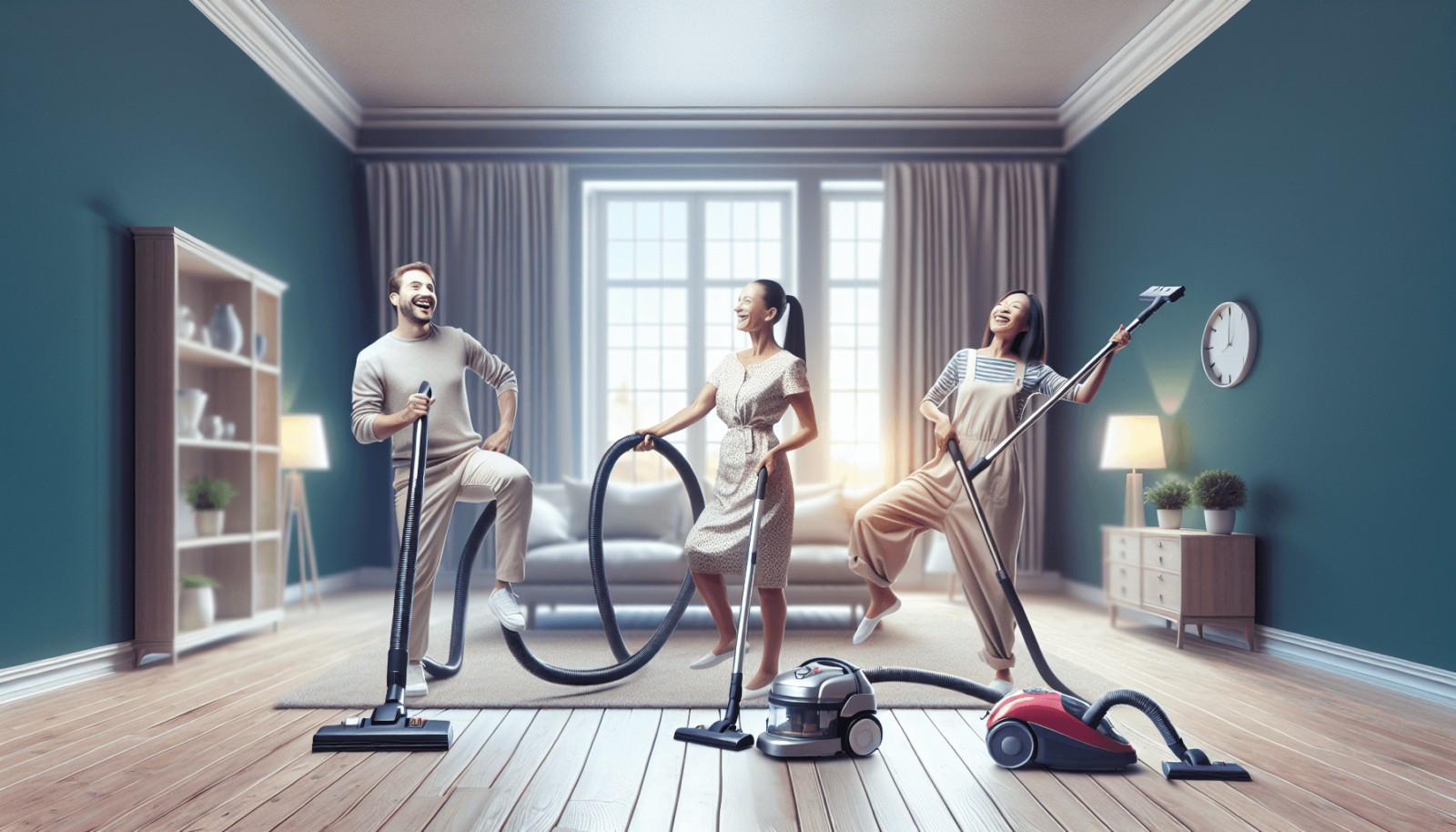 Egy modern és makulátlan nappali, ahol egy kaukázusi férfi, egy latin-amerikai nő és egy ázsiai hölgy boldogan használ különböző típusú porszívókat. A