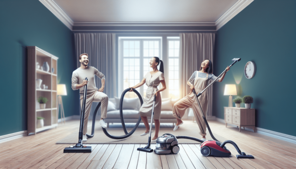 Egy modern és makulátlan nappali, ahol egy kaukázusi férfi, egy latin-amerikai nő és egy ázsiai hölgy boldogan használ különböző típusú porszívókat. A