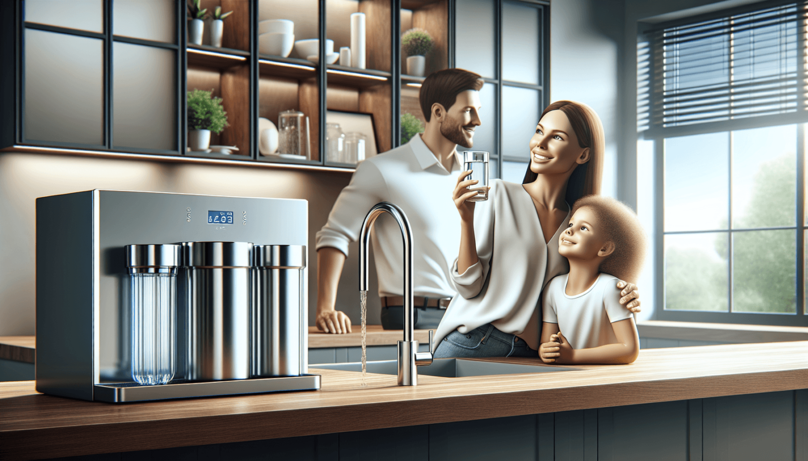 Egy modern konyha letisztult dizájnnal, rozsdamentes acél készülékekkel és egy csúcstechnológiás vízszűrő rendszerrel a munkalapon. Egy kaukázusi csal