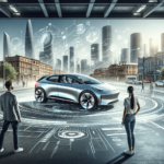 Egy modern, letisztult városi autó elegáns designnal parkol az városi utcán, kiemelten bemutatva a jelvényét. Előtérben egy kaukázusi férfi és egy spa