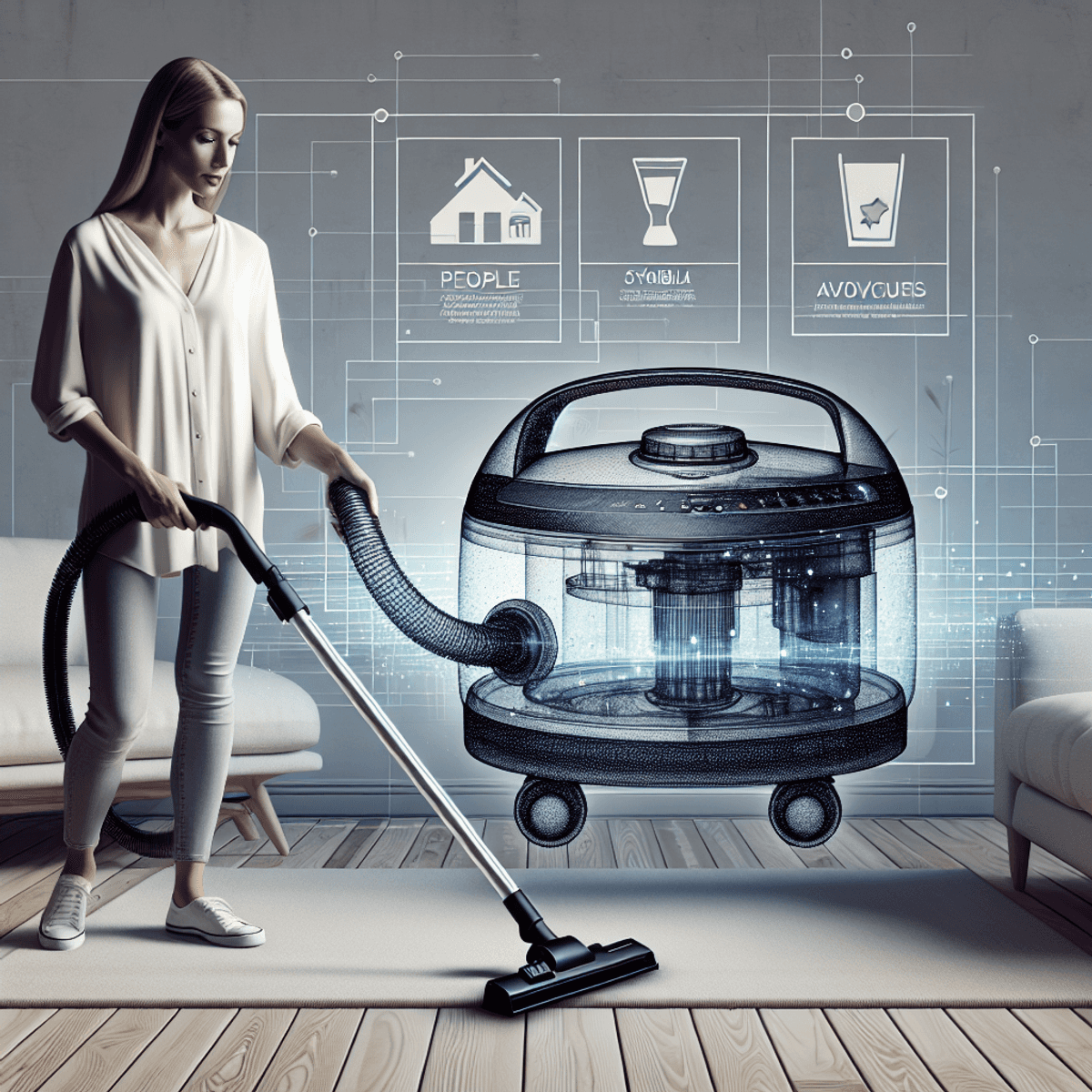Hogyan Válasszunk Porszívót? Egy modern porszívó látható egy tiszta, stílusos nappaliban. Egy kaukázusi nő bemutatja a porszívó használatát, kiemelve annak fejlett funkcióit. A szoba dekorációja és a porszívó dizájnja kortárs esztétikát tükröz.