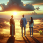 Egy nyugodt naplemente tájképe enyhe felhőkkel, melyeket meleg fény világít meg. Három ember áll együtt elgondolkodva: egy kaukázusi nő, egy ázsiai fé