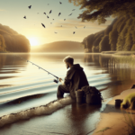 Egy nyugodt tóparti jelenet látható, ahol egy kaukázusi személy békésen horgászik a vízparton. A lágy hullámok halkan csobognak a part mentén, melyet