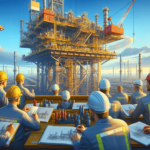 Egy részletes ábrázolása egy működő olajfúró toronynak, amelyet egy figyelmes mérnökökből álló csoport vesz körül, mind kaukázusi, mind latin-amerikai