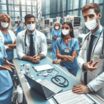 Egy sokszínű egészségügyi szakemberekből álló csoport, köztük egy kaukázusi nővér és egy spanyol férfi orvos, éppen egy beszélgetésbe mélyedve állnak