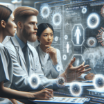 Egy sokszínű egészségügyi szakemberekből álló csoport egy modern egészségügyi környezetben, egy fehér bőrű férfi orvossal, egy spanyol nővérrel és egy