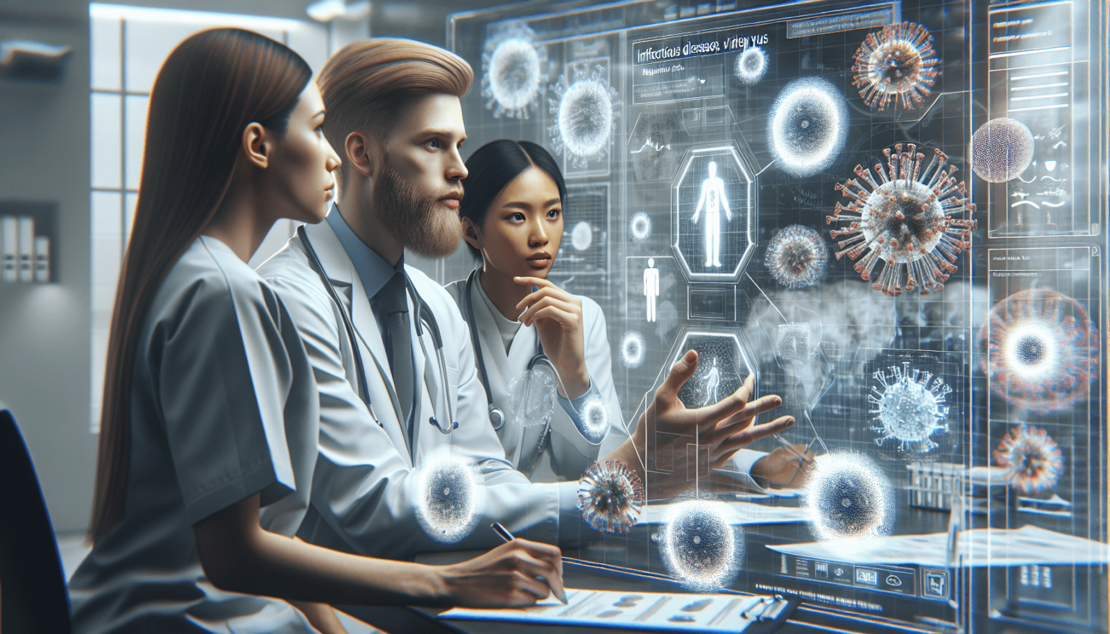 Egy sokszínű egészségügyi szakemberekből álló csoport egy modern egészségügyi környezetben, egy fehér bőrű férfi orvossal, egy spanyol nővérrel és egy