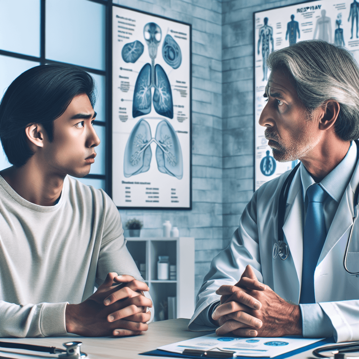 Egy szorongó ázsiai férfi orvos komoly beszélgetést folytat egy egészségügyi problémákkal küzdő kaukázusi női pácienssel egy professzionális klinikai környezetben. A szobában orvosi grafikonok és illusztrációk láthatók, amelyek a légzőszervi egészséget szimbolizálják, de olvasható szavak nélkül. Az orvos öltözéke, orvosi műszerek és a környezeti világítás részletei fokozzák a jelenet hitelességét.