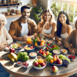 Egy többnemzetiségű csoport együtt ül egy napfényes konyhaasztal körül, mely tele van színes, egészséges ételekkel. A tálon élénk gyümölcssaláta, keve