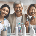 Egy többnemzetiségű három fős csoport, amelyben egy kaukázusi férfi, egy spanyol nő és egy ázsiai nő mosolyogva fogkeféket és fogápolási termékeket ta