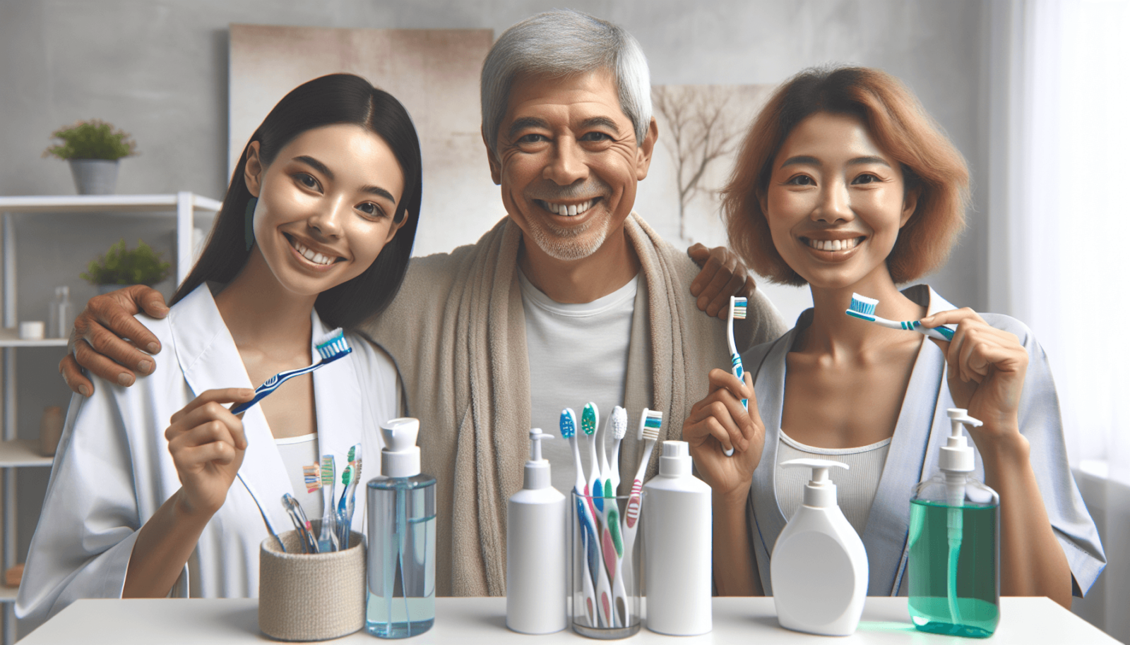 Egy többnemzetiségű három fős csoport, amelyben egy kaukázusi férfi, egy spanyol nő és egy ázsiai nő mosolyogva fogkeféket és fogápolási termékeket ta