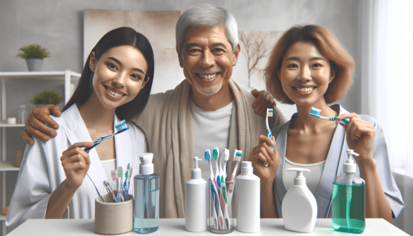 Egy többnemzetiségű három fős csoport, amelyben egy kaukázusi férfi, egy spanyol nő és egy ázsiai nő mosolyogva fogkeféket és fogápolási termékeket ta