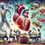 Egy valósághű illusztráció ábrázol egy egészséges, anatómiailag pontos szívet és agyat, mint a taurin előnyeinek szimbólumait. Előtérben egy kaukázusi