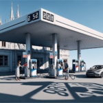 Egy valósághű kép egy benzinkútról Közép-Európai környezetben, talán Magyarországon, ahol egyedi építészeti jellegzetességek láthatóak. Két személy, e