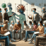 Egy változatos csoport együtt van a képen, köztük fehér, ázsiai és spanyol emberek. Maszkot viselnek, és élénk beszélgetést folytatnak egészséggel kap