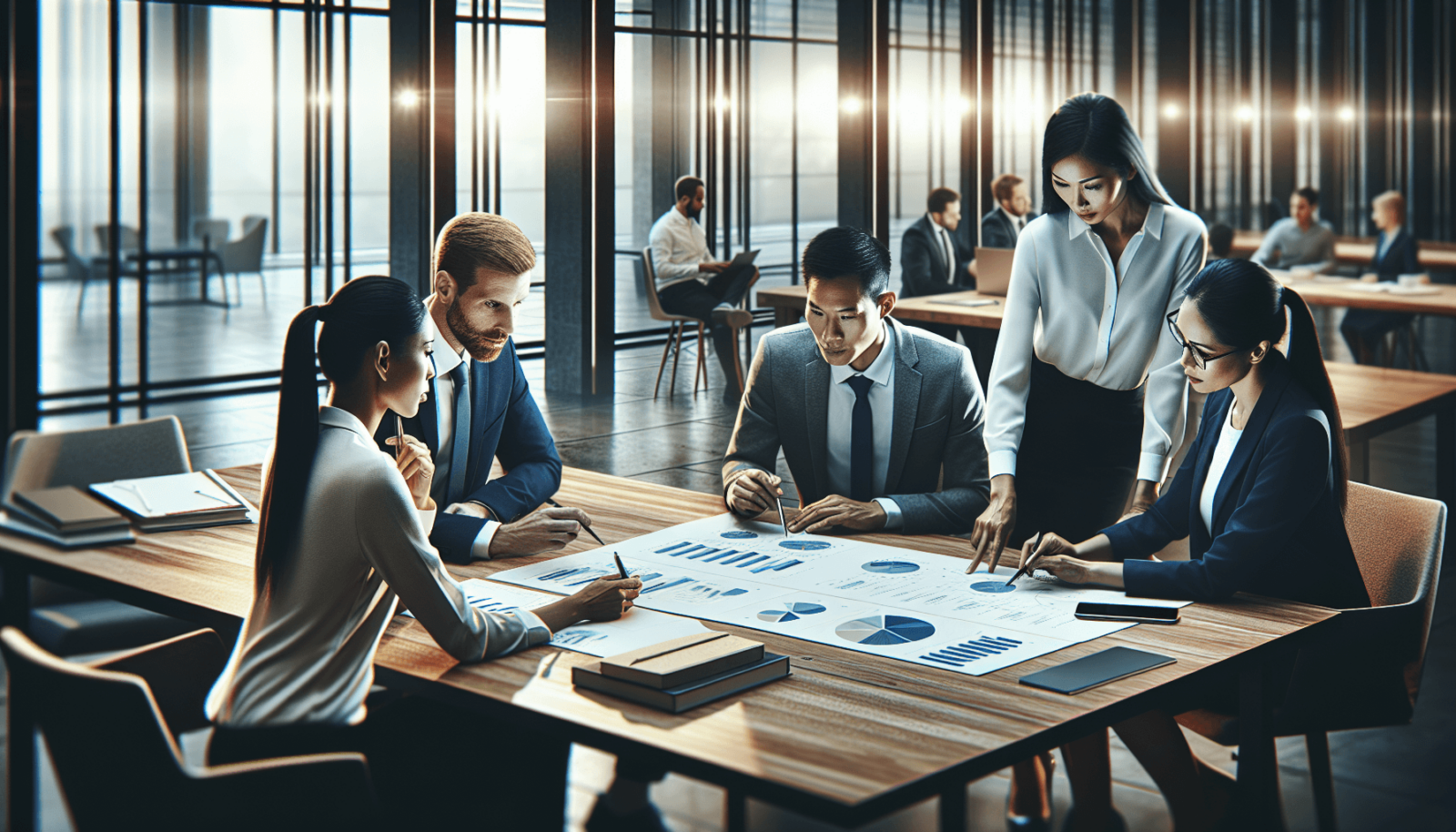 Egy változatos üzleti szakemberekből álló csoport, beleértve egy fehér nőt, egy ázsiai férfit és egy spanyol nőt, aktívan vitatkozik egy konferenciaas