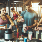 Egy vegyes összetételű sportolók csoportja edzőteremben, egy fehér nővel, egy spanyol férfival és egy ázsiai férfival, akik mindegyiken élénk színű sp