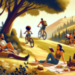 Egy vibráló kültéri jelenet ábrázolja, ahogy egy sokszínű csoport egy napos napon élvezi az időt. Egy fekete egyén egy festői ösvényen túrázik felfelé