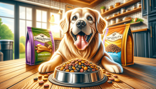 Egy vidám arany retriever egy fényes szőrzettel boldogan eszik egy tál finom gourmet kutyaeledelt a világos, napfényes konyhában, színes prémium kutya