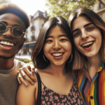 Egy vidám kaukázusi nem-bináris személy, egy latin-amerikai genderqueer személy és egy ázsiai személy, akinek a nemét nem határozták meg, nevetnek és