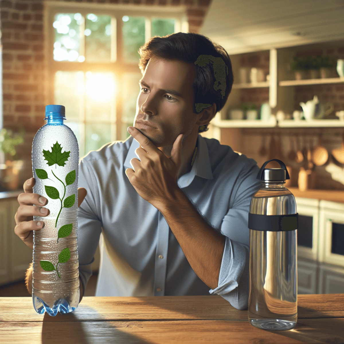 Egy világos, barátságos konyhában egy érdeklődő, kaukázusi férfi áll, aki figyelmesen összehasonlít egy műanyag palackozott vizet és egy újrahasználható vízpalackot. A konyhát lágy nappali fény árasztja el. A reusable palackon ökológiai szimbólumok, például levelek láthatók, jelezve környezetbarát tulajdonságait, míg a műanyag palack mellett egy ár címke mutatja a folyamatos költségeket.