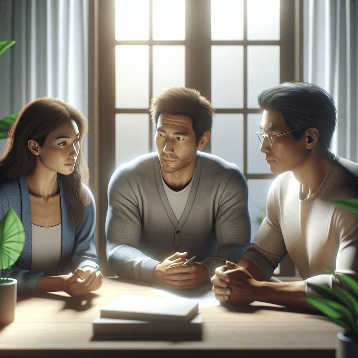 Az Akaratod Érvényesítése 101: Hasznos Mondatok Minden Szituációra Három ember ül egy asztalnál: egy kaukázusi nő, egy ázsiai férfi és egy spanyol férfi, akik nyugodt beszélgetést folytatnak. Arckifejezéseik és testbeszédük aktív figyelmet és empátiát tükröz, hangsúlyozva a konfliktusmegoldás és stresszkezelés légkörét. A környezet lágy világítással, beltéri növényekkel és rendezett térrel fokozza a nyugalmat.