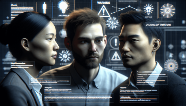 Három személy mély beszélgetésbe merült, az egyikük kaukázusi vonásokkal rendelkezik, a második kelet-ázsiai jegyeket mutat, míg a harmadikon hispán j