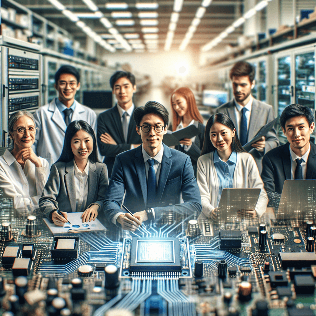 Hogyan Építette Fel a Samsung a Technológiai Birodalmát? Kép egy sokszínű mérnöki csapatról, amelyben kaukázusi és ázsiai egyének dolgoznak együtt egy modern elektronikai laboratóriumban. A labor tele van korszerű technológiával és különböző elektronikai alkatrészekkel. A kép az innováció és az elektronikai ipar technológiai váltásának fogalmát jelképezi.