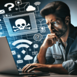 Egy aggódó, 30-as éveiben járó spanyol férfi ül egy számítógép előtt, arca gondterhelt, és a képernyőn megjelenő gyanús e-mailre összpontosít, amelyen