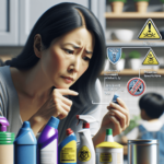 Egy aggódó ázsiai anya biztonsági címkéket vizsgál meg a háztartási tisztítószerek flakonjain egy hangulatos konyhában, miközben a háttérben egy gyerm