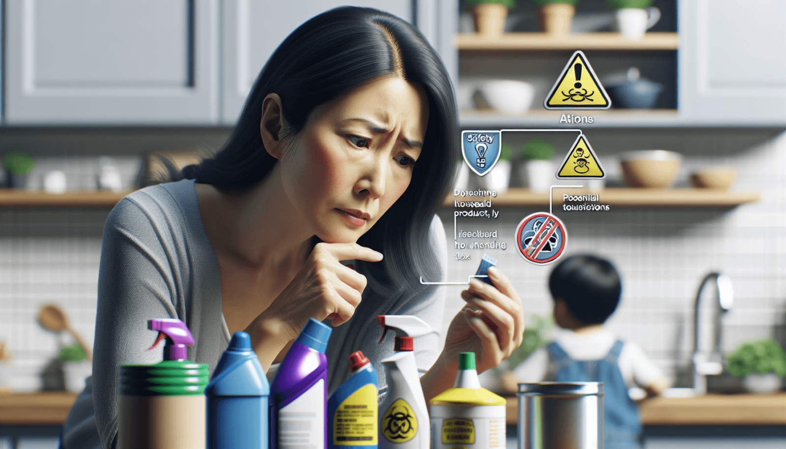 Egy aggódó ázsiai anya biztonsági címkéket vizsgál meg a háztartási tisztítószerek flakonjain egy hangulatos konyhában, miközben a háttérben egy gyerm