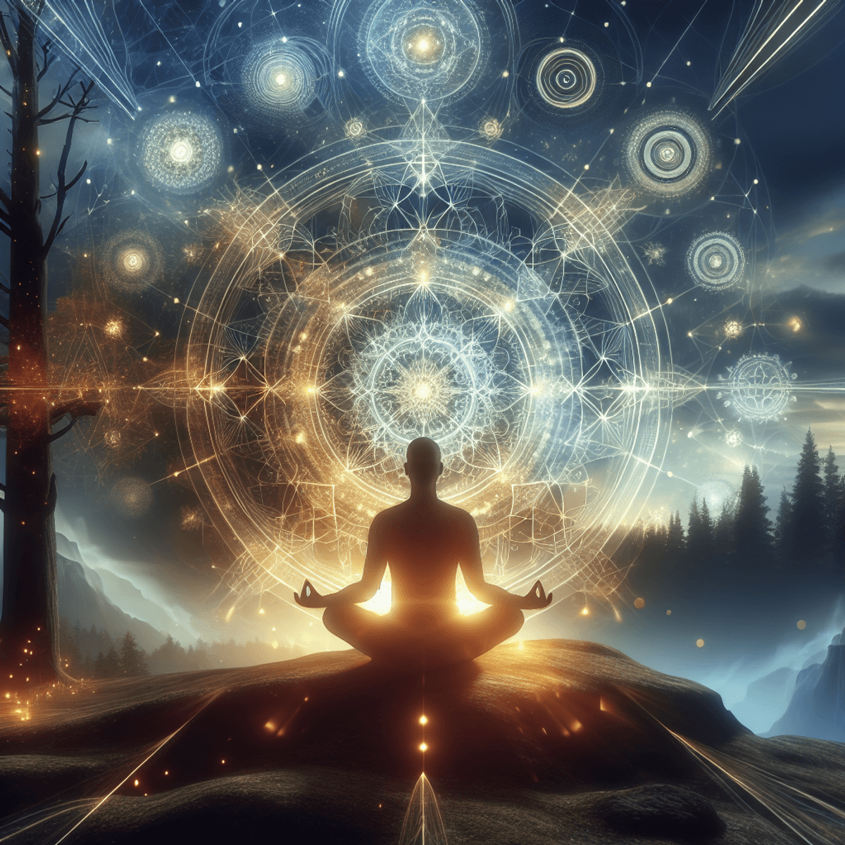 Egy békés háttérrel rendelkező kép, amely szellemiséget sugall, például egy nyugodt erdő vagy egy csendes, hatalmas ég. Absztrakt elrendezések általános, nem azonosítható szimbólumokkal, amelyek éteri fényt vagy energiát közvetítenek, hasonlóan az ősi bölcsességhez. Az előtérben egy kaukázusi egyén meditáló pózban, aki a régi szellemi megvilágosodás iránti kapcsolatot sugároz.