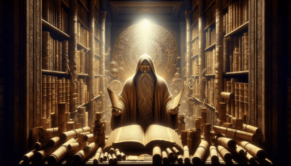 Egy bölcs, érett kaukázusi férfi, hosszú szakállal, egy dimenzionált könyvtárban áll, amely tele van papirusztekercsekkel és titokzatos szimbólumokkal