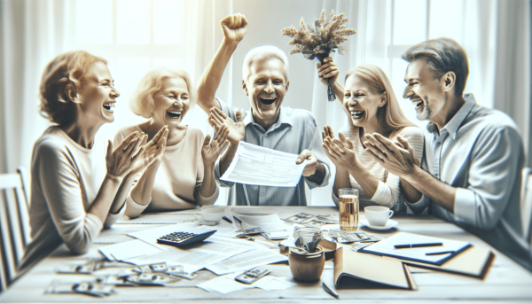 Egy boldog kaukázusi család ünnepel otthon, a boldogság és megkönnyebbülés jeleivel körülvéve, egy asztalon szépen elrendezett dokumentumokkal és egy